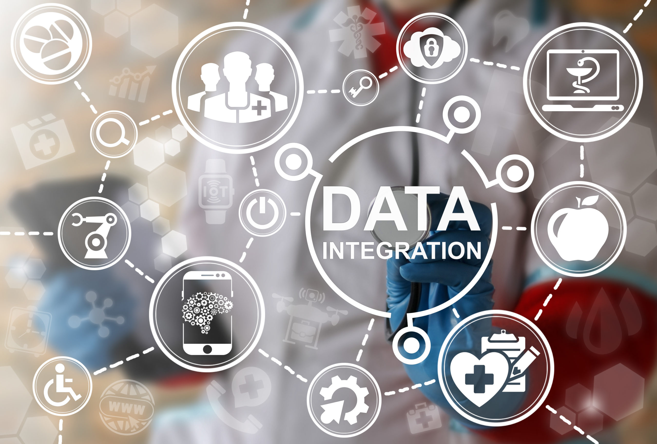 Big data integration medicine concept. Medical information database integrate. Health care server cloud integrated. IT, Smart, IoT, Computing, Robotic healthy web technology